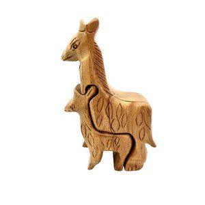 Vintage Wooden Llama and Baby Hand Carved Puzzle Trinket Jewelry Box Alpaca